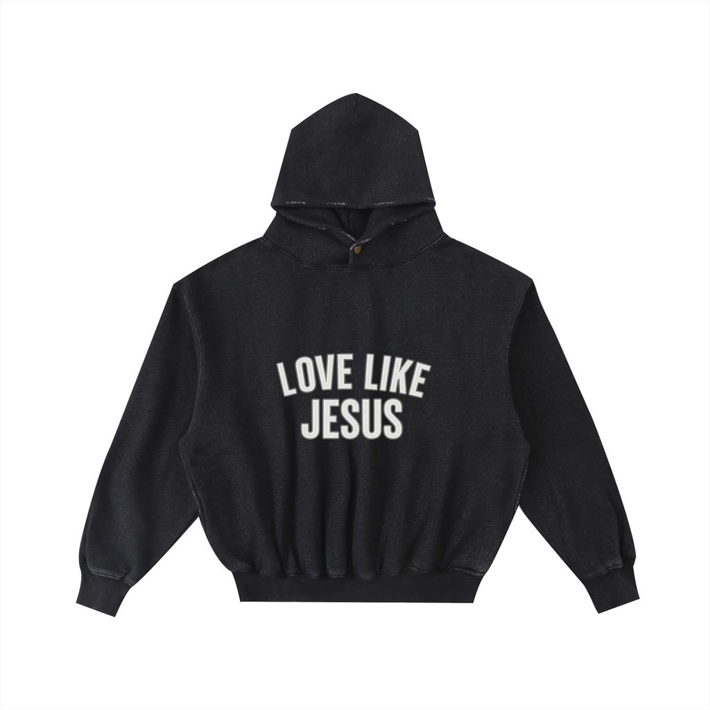 SWEAT À CAPUCHE EN POLAIRE DÉLAVÉ ENZYME EFFILOCHÉ « LOVE LIKE JESUS »