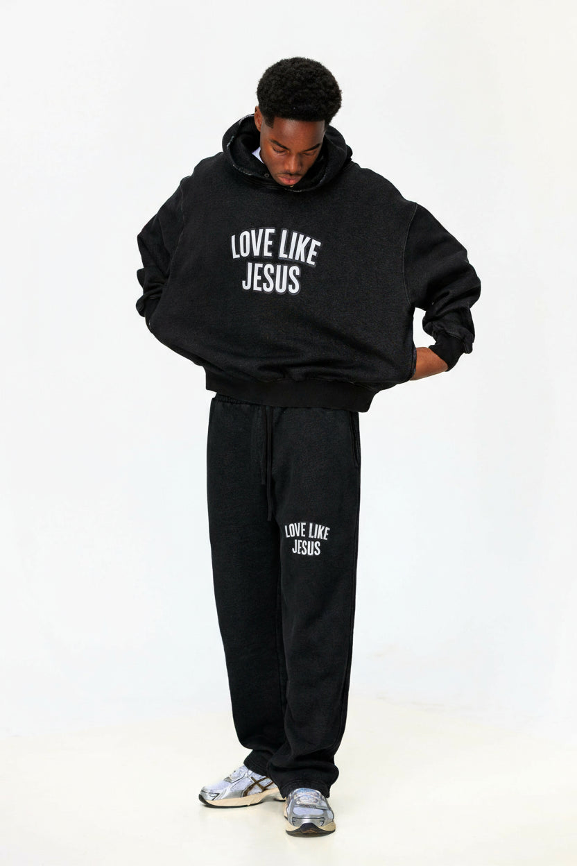 SWEAT À CAPUCHE EN POLAIRE DÉLAVÉ ENZYME EFFILOCHÉ « LOVE LIKE JESUS »