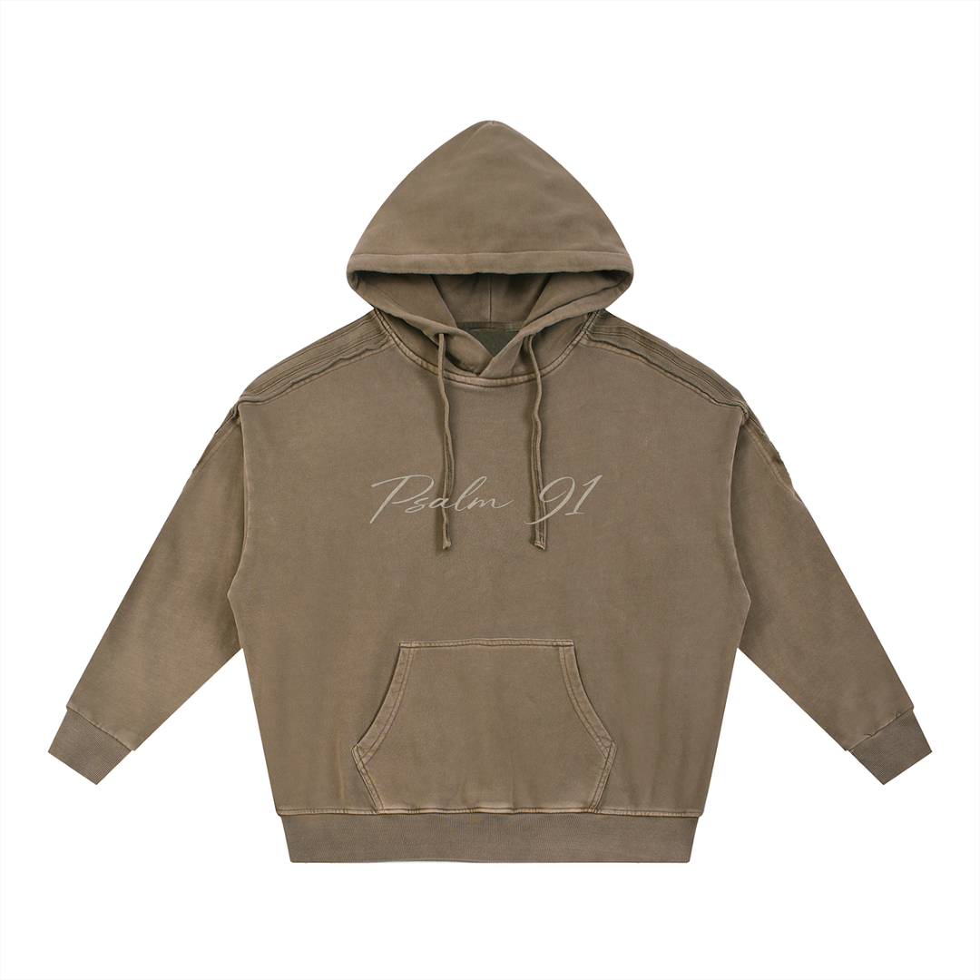 PSALM 91 Snow Washed Tape Raw Edge Hoodie