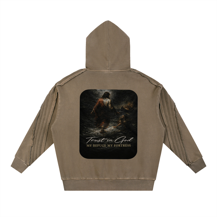 PSALM 91 Snow Washed Tape Raw Edge Hoodie