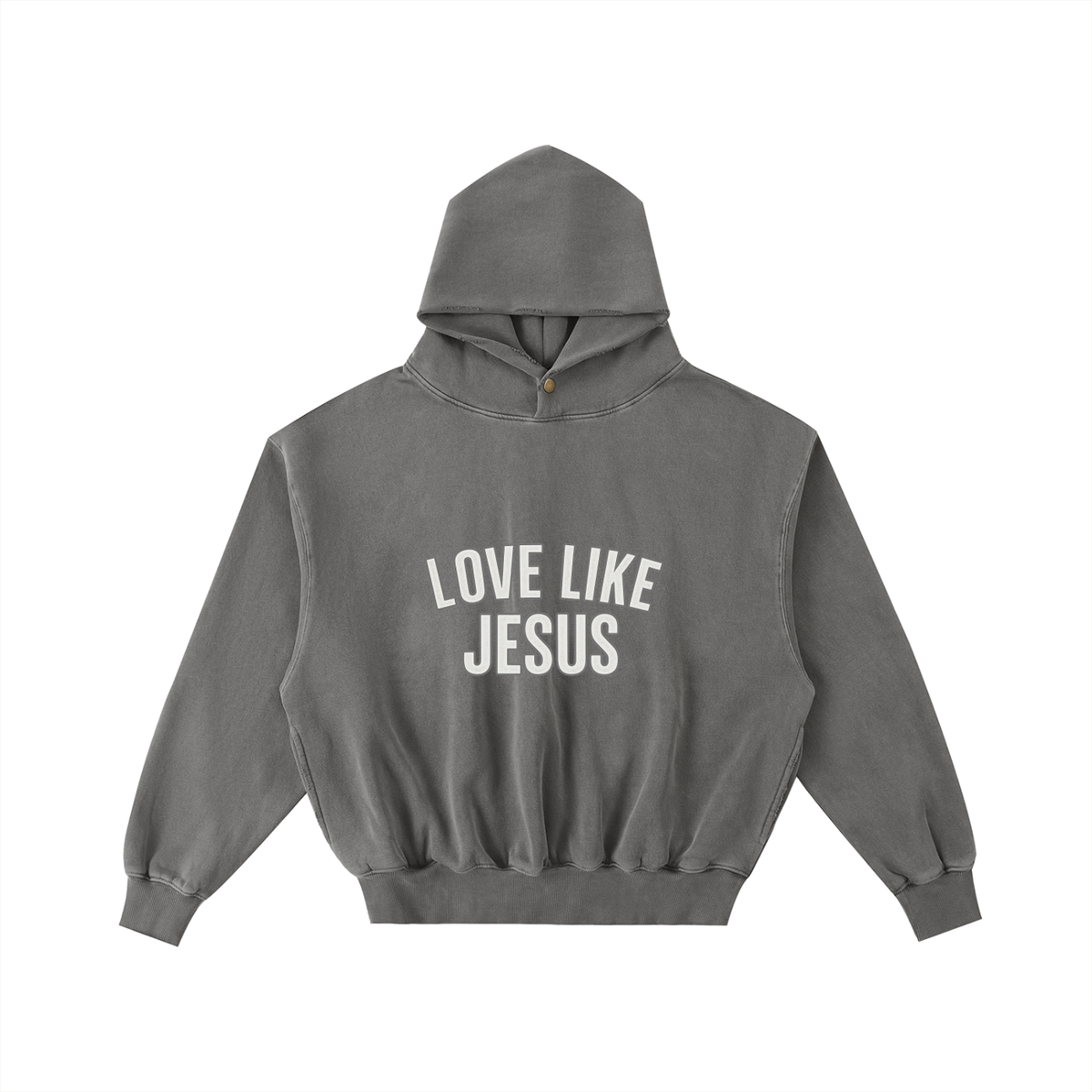 SWEAT À CAPUCHE EN POLAIRE DÉLAVÉ ENZYME EFFILOCHÉ « LOVE LIKE JESUS »