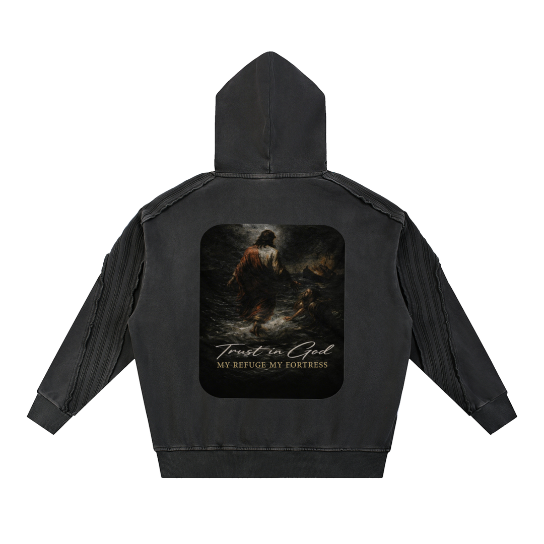PSALM 91 Snow Washed Tape Raw Edge Hoodie