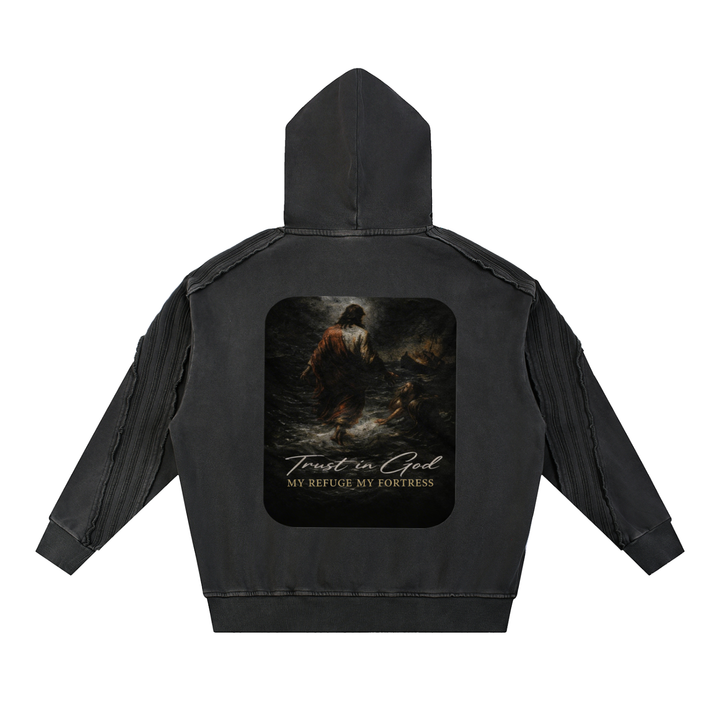 PSALM 91 Snow Washed Tape Raw Edge Hoodie