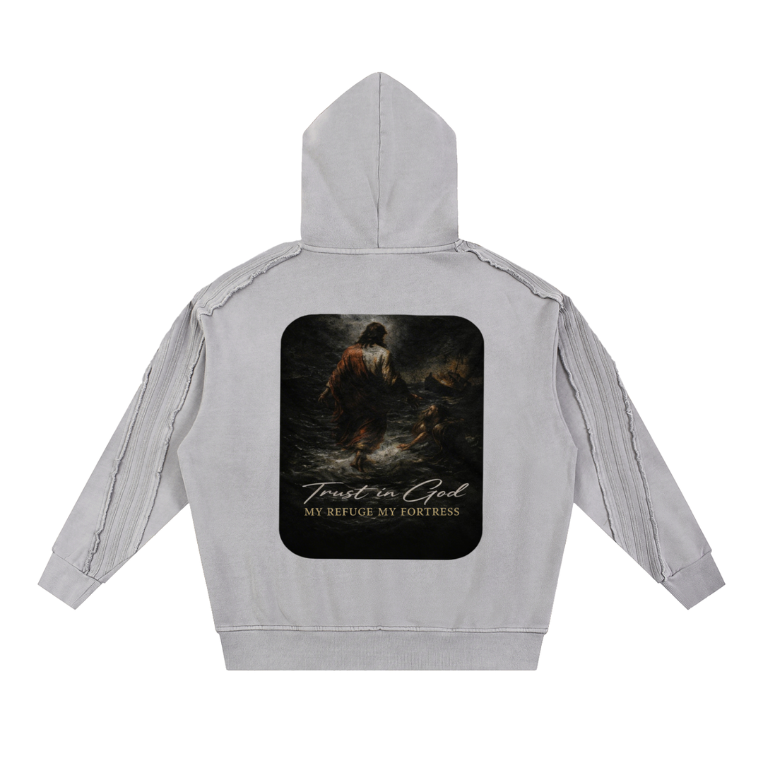 PSALM 91 Snow Washed Tape Raw Edge Hoodie