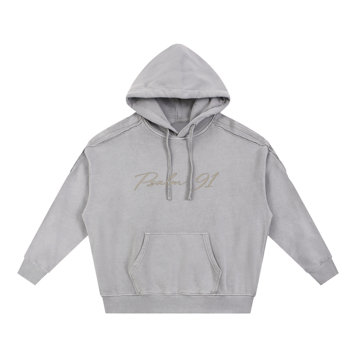 PSALM 91 Snow Washed Tape Raw Edge Hoodie