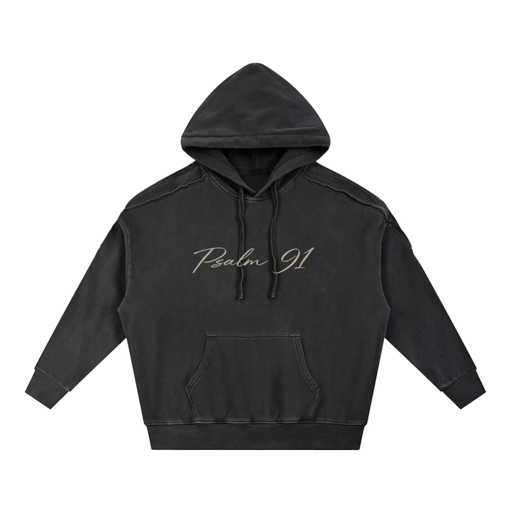PSALM 91 Snow Washed Tape Raw Edge Hoodie