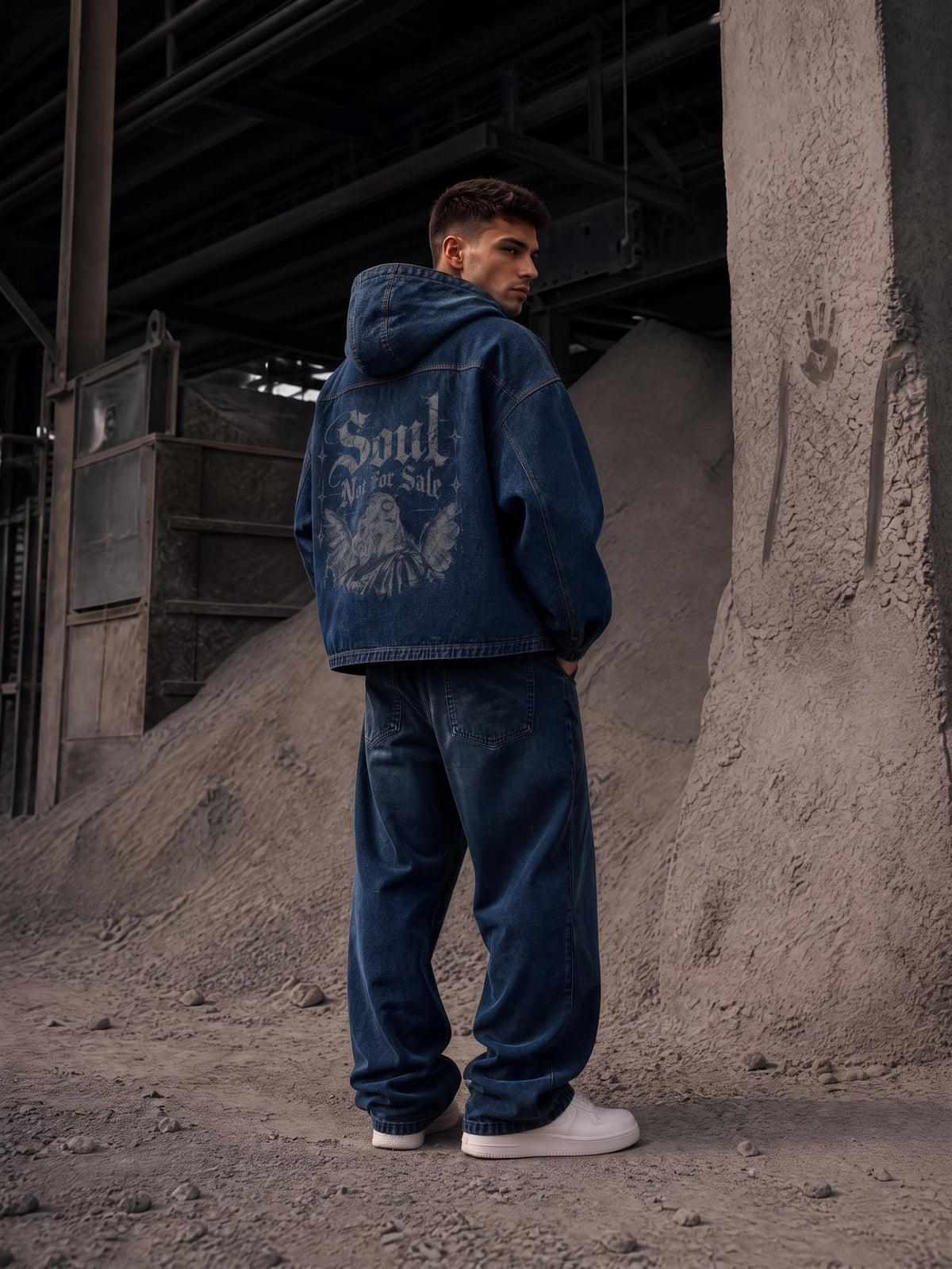 SOUL NOT FOR SALE Boxy Vintage Wash Hooded Denim Jacket