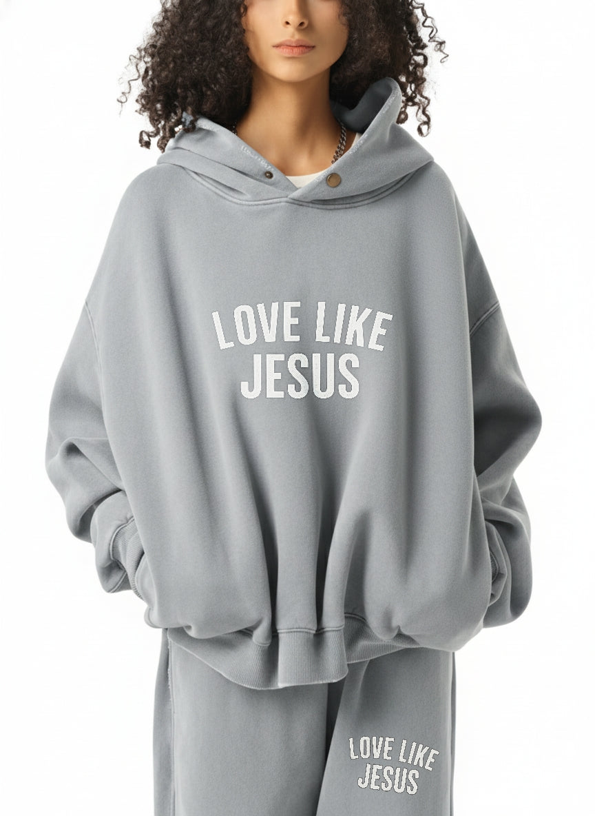 SWEAT À CAPUCHE EN POLAIRE DÉLAVÉ ENZYME EFFILOCHÉ « LOVE LIKE JESUS »