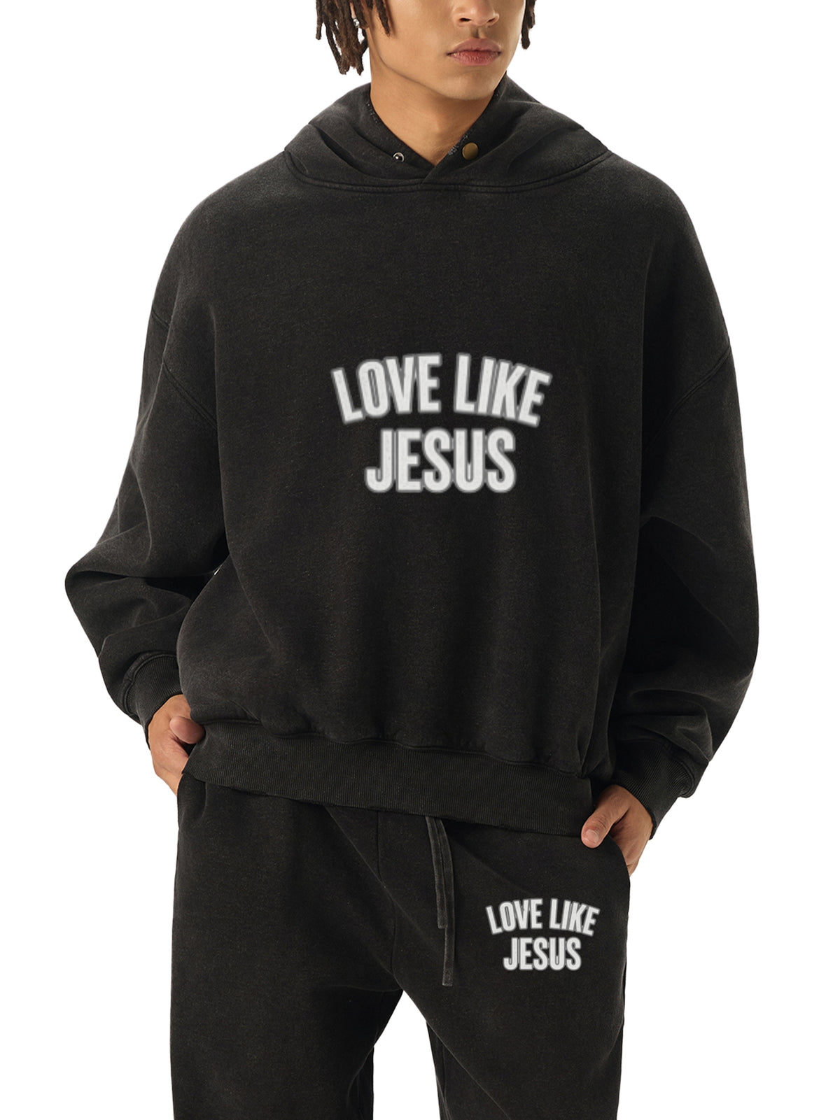 SWEAT À CAPUCHE EN POLAIRE DÉLAVÉ ENZYME EFFILOCHÉ « LOVE LIKE JESUS »