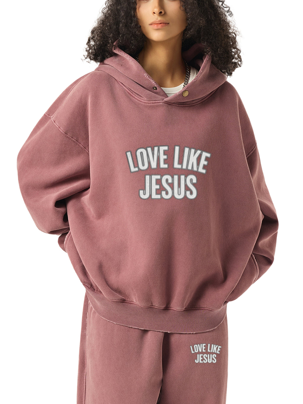 SWEAT À CAPUCHE EN POLAIRE DÉLAVÉ ENZYME EFFILOCHÉ « LOVE LIKE JESUS »