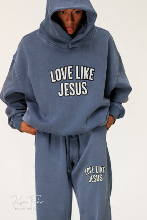 SWEAT À CAPUCHE EN POLAIRE DÉLAVÉ ENZYME EFFILOCHÉ « LOVE LIKE JESUS »